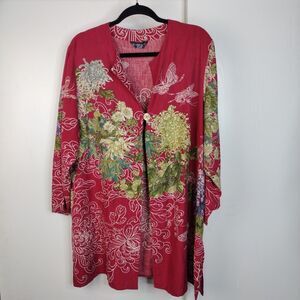 Citron Silk Linen Long Jacket Asian Tropical Butterfly Birds Flowers Plus Sz 2X